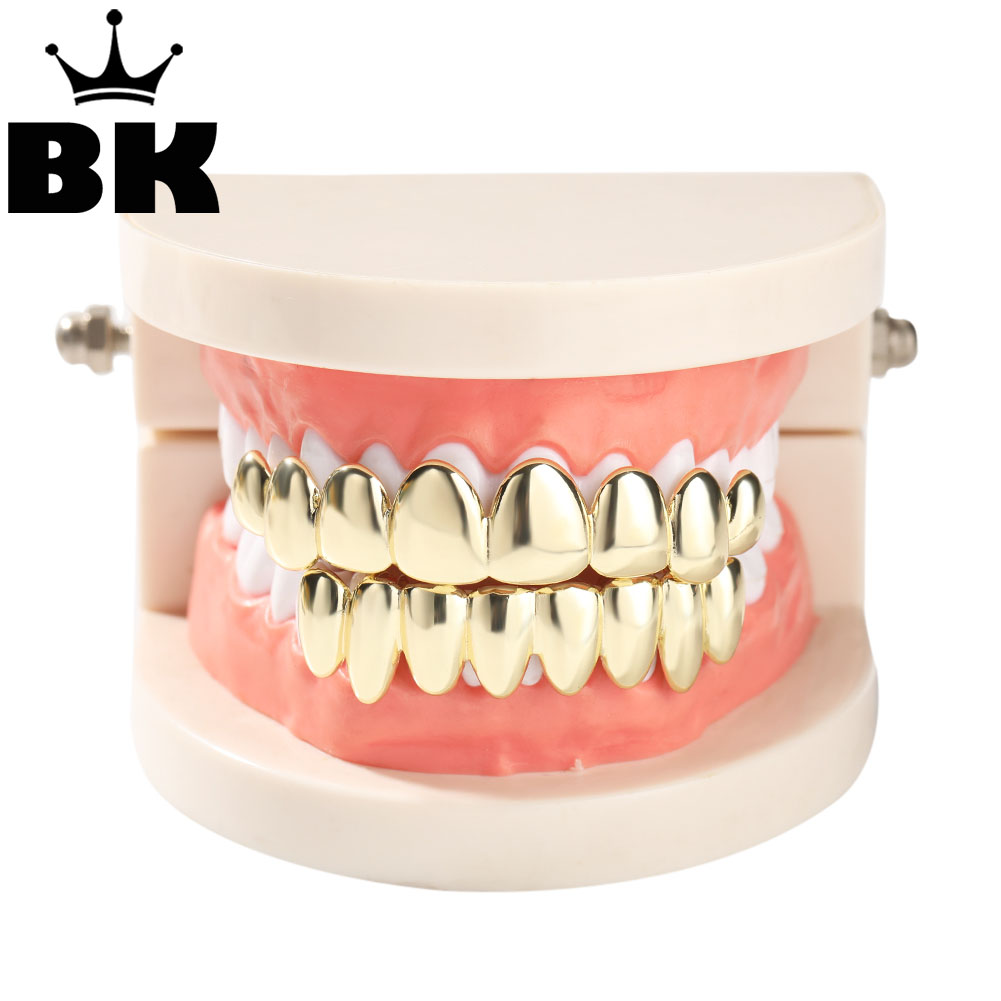 Body Jewelry Gold Plated - ブリンブリンキング-上下に磨かれたグリルのセット,8つの歯,14K金メッキ,ハロウィーンの銅の口のキャップ,ヒップホップパーティーのパフォーマンス