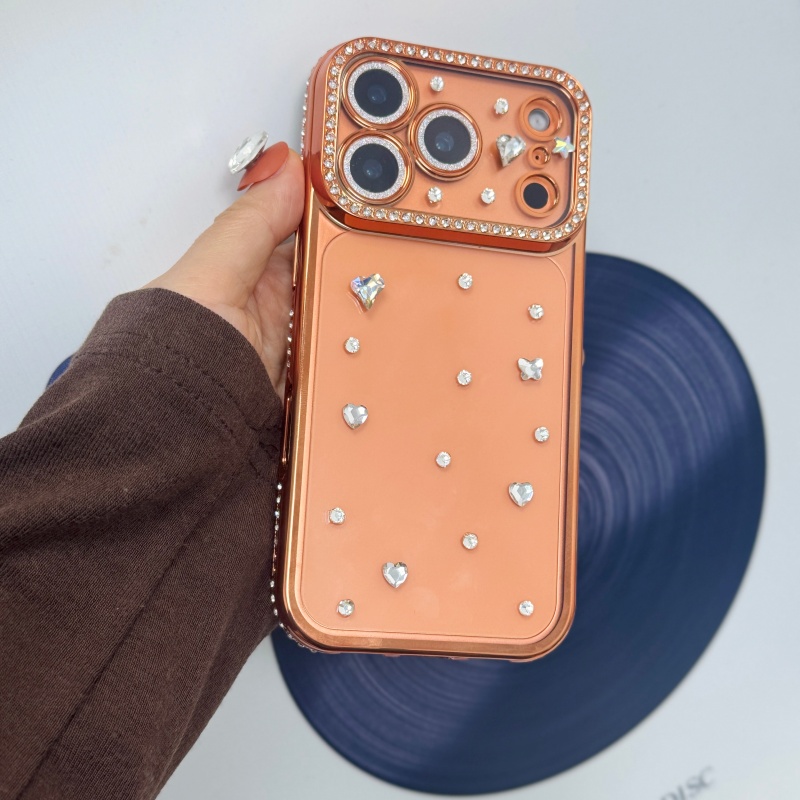 Body Jewels - 手作りの宝石で飾られたクリスタルメッキのオレンジ色のiPhone17、16、14Plus、15Pro、13Pro、12、11用スマホケース、ソフトTPUカバー、スキン、ボディ保護