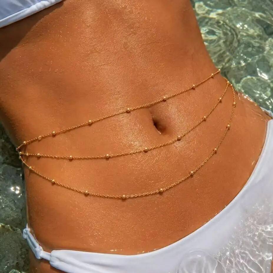 Body Jewelry Gold Plated - IngeSight.Z ファッションボヘミアンセクシーな多層ビーズベリーウエストチェーン女性 18K ゴールドメッキステンレス鋼防水ボディジュエリー
