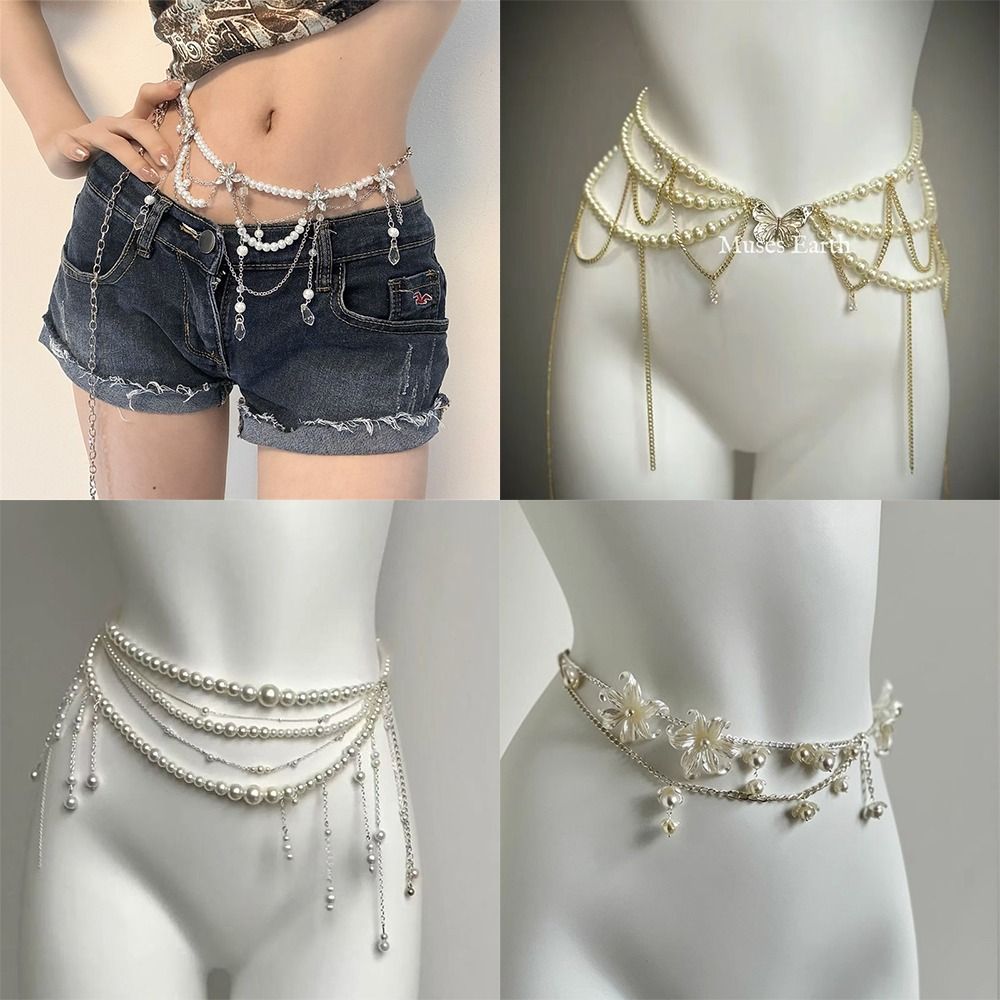 Body Jewels - ファッションエレガントなパールウエストチェーンウエストアクセサリー多用途フローラルベリーチェーンボヘミアンヒップチェーン女性用