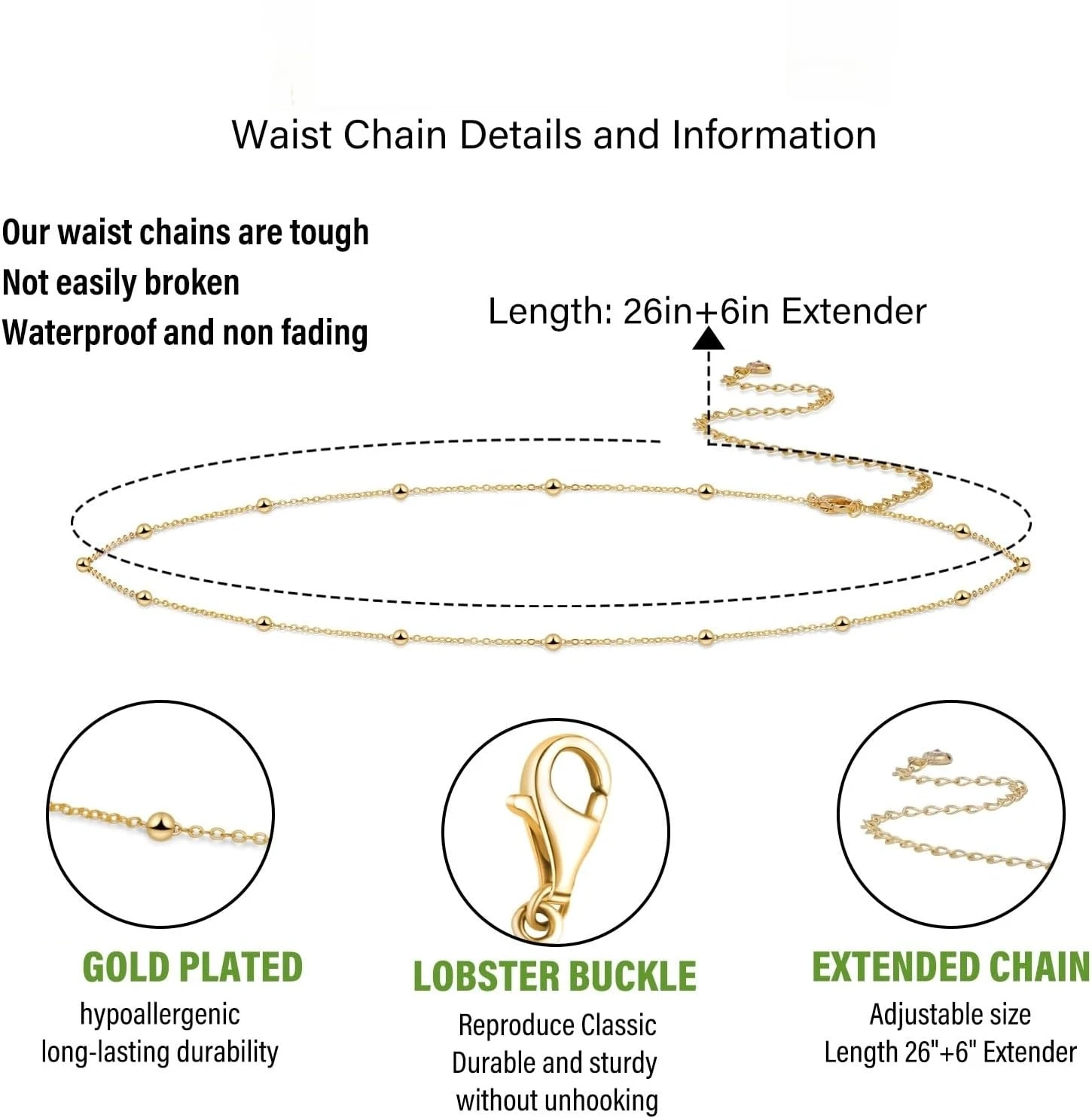 女性用調節可能なビキニボディジュエリー、女性用ウエストチェー - Body Jewelry Gold Plated のレビューと価格